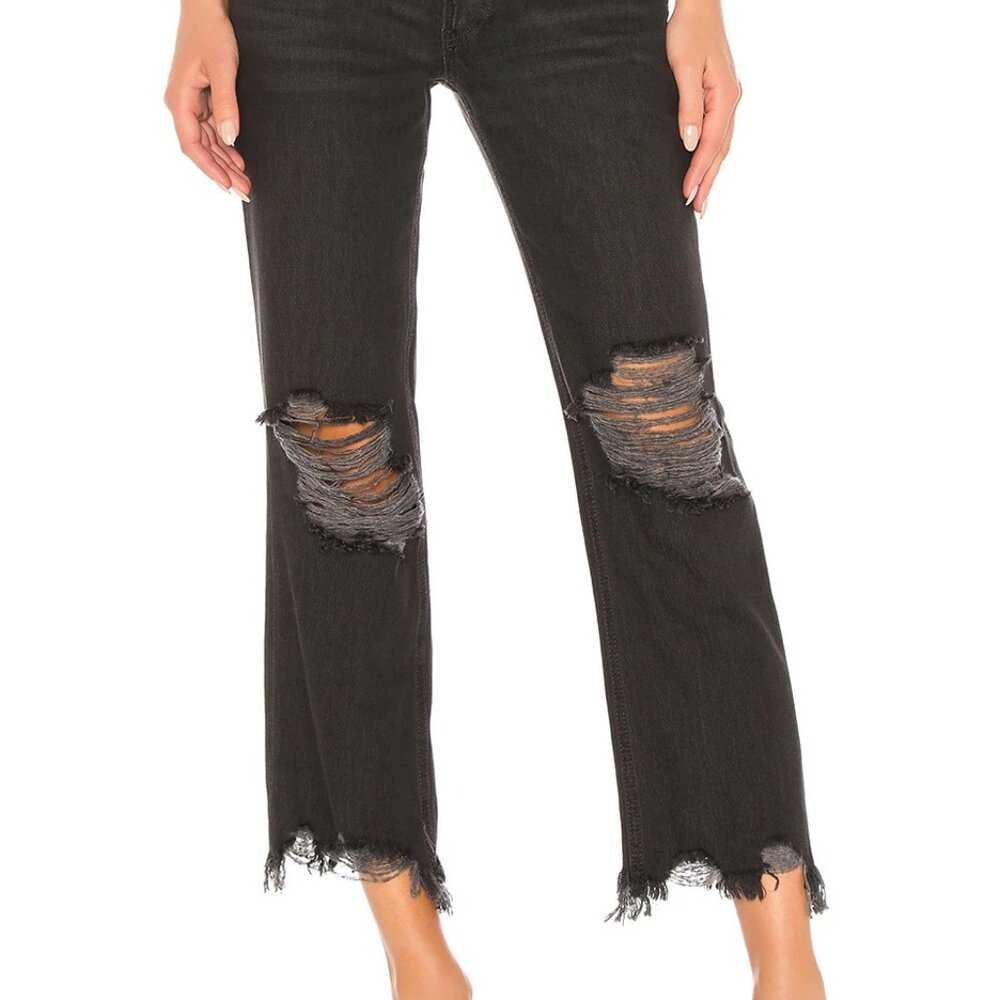 NWOT Free People Maggie Straight Leg Distressed Black Jean